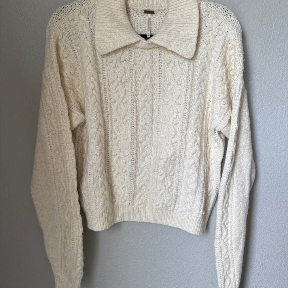 Free People Cream Cable Knit Sweater with Collar